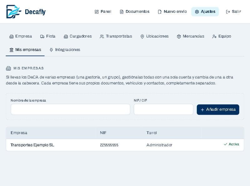Pantalla Mis empresas con el formulario para añadir una empresa
