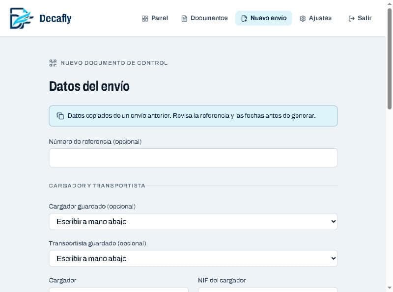 Nuevo envío con el aviso de que los datos se han copiado de un envío anterior