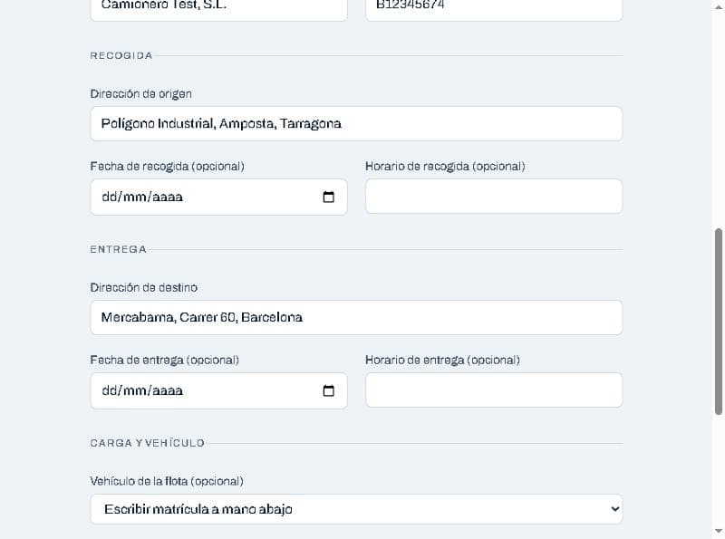 Formulario de nuevo envío con las secciones de recogida y entrega