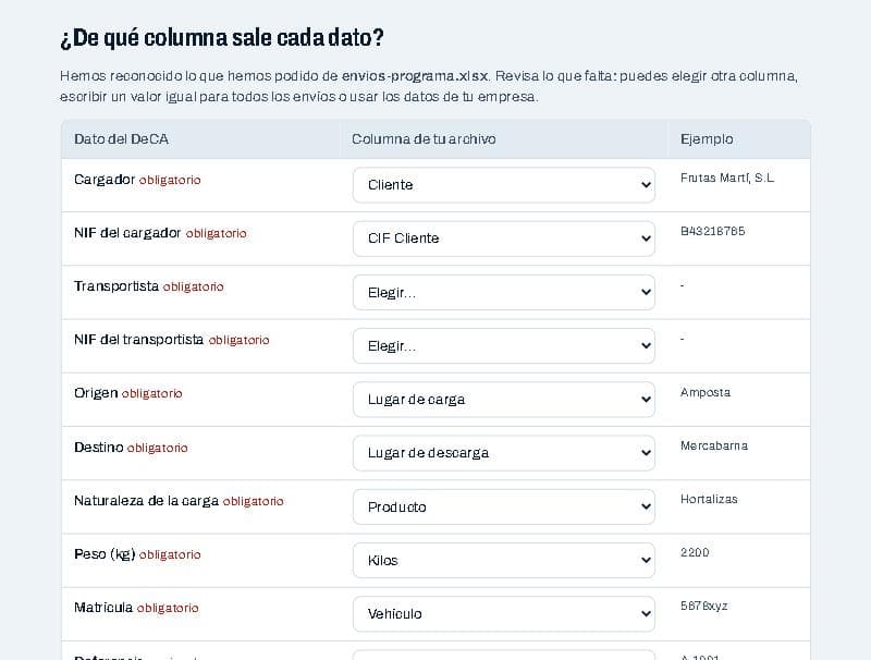 Pantalla de importación con las columnas del archivo reconocidas y el transportista pendiente de indicar