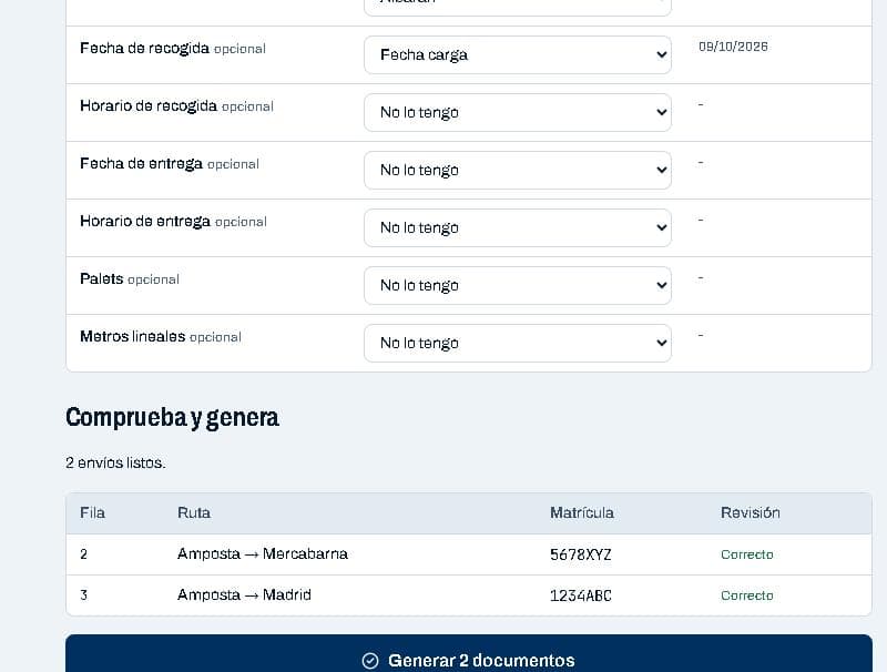 Comprobación final de los envíos antes de generarlos