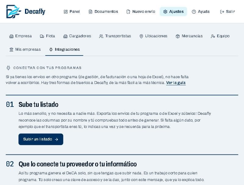 Pantalla de Integraciones con las tres formas de conectar tus programas