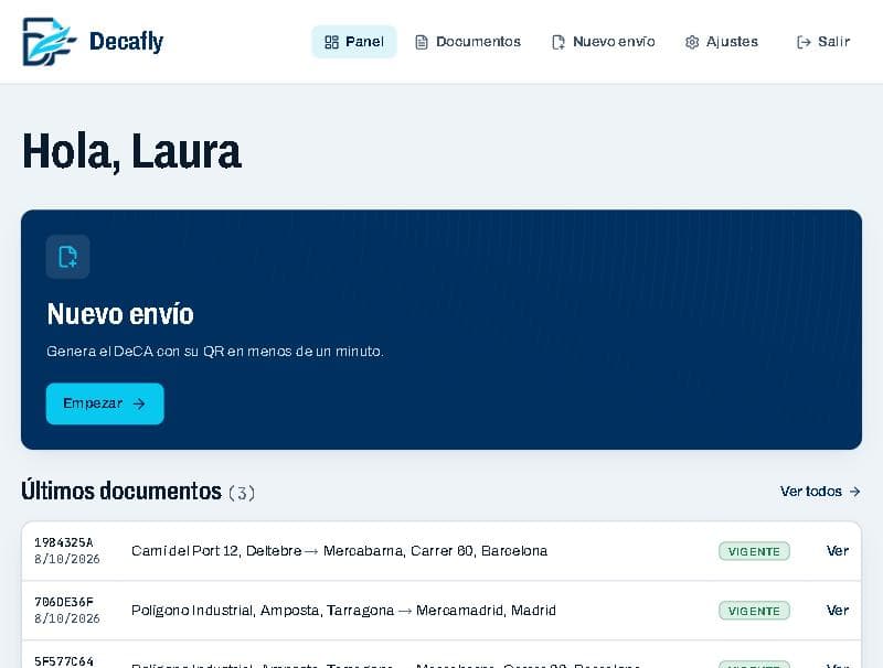 Panel de Decafly con el botón Nuevo envío y la lista de últimos documentos
