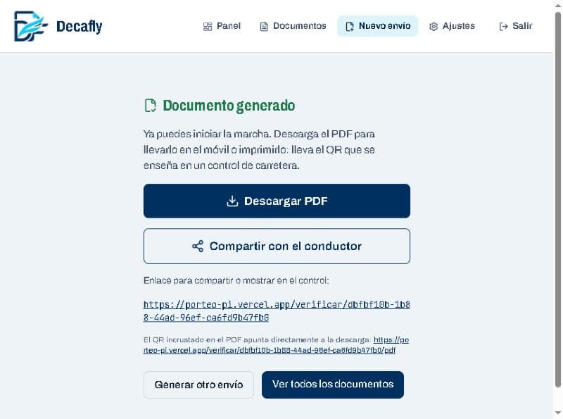 Pantalla Documento generado con los botones Descargar PDF y Compartir con el conductor