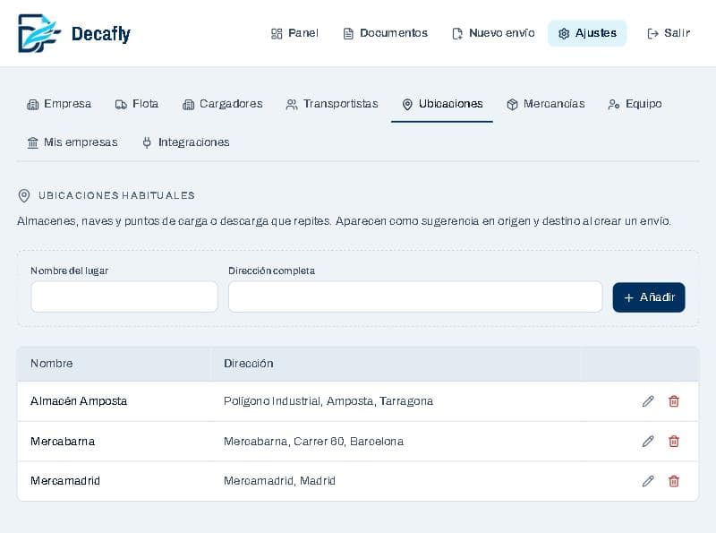 Pantalla de ubicaciones habituales en Ajustes