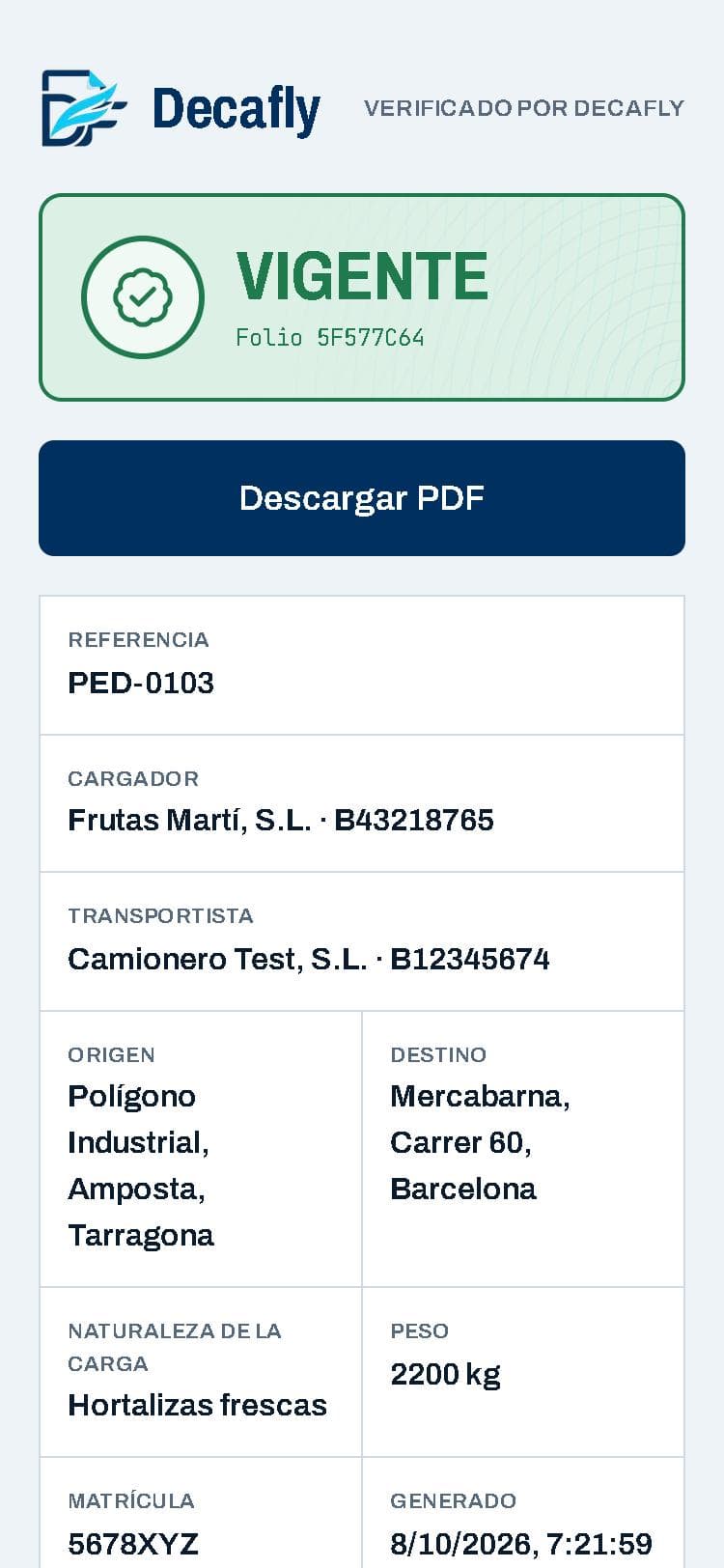 Página de verificación de un documento en el móvil, con el estado Vigente y el botón Descargar PDF