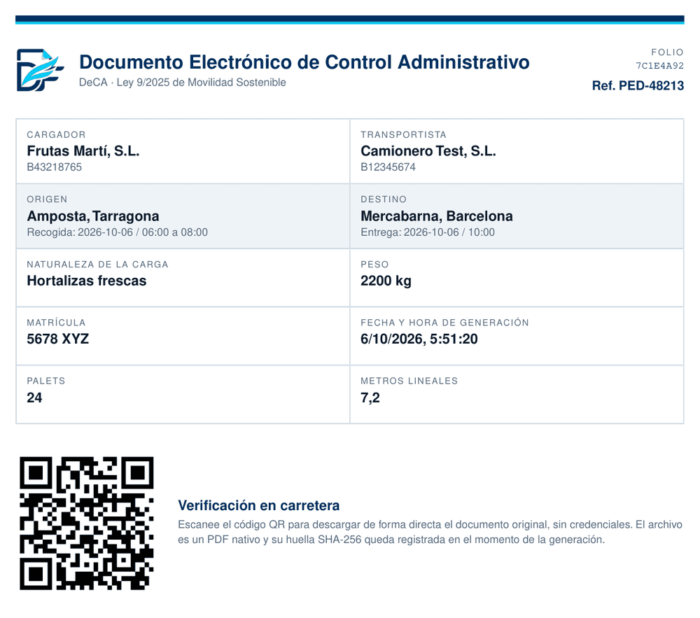 Ejemplo de DeCA generado por Decafly, con sus datos, el QR de verificación y el folio